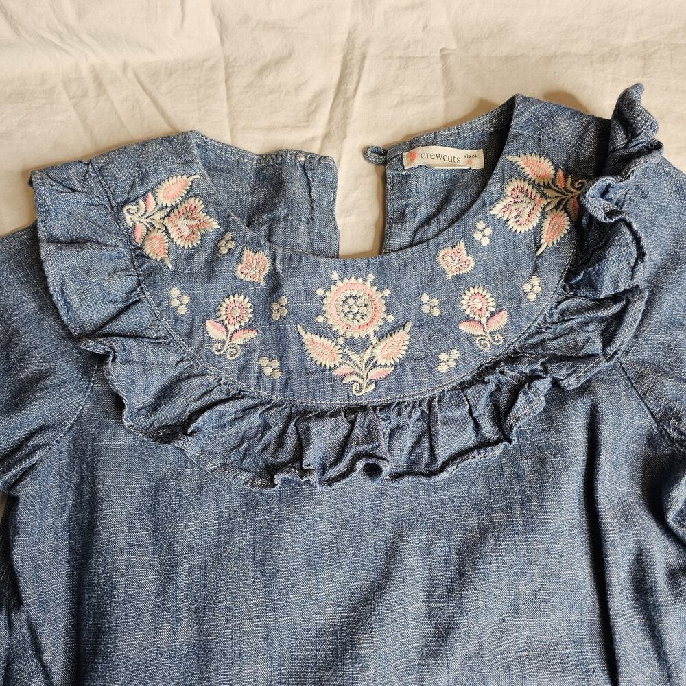 Crewcuts Dress Girls 6 Blue Embroidered Chambray Long Sleeve Boho Floral - Picture 2 of 7